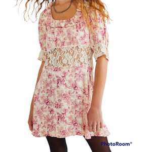Free People Dress Lucie Mini Lace Open Back Floral Puff Sleeve Boho Cottagecore